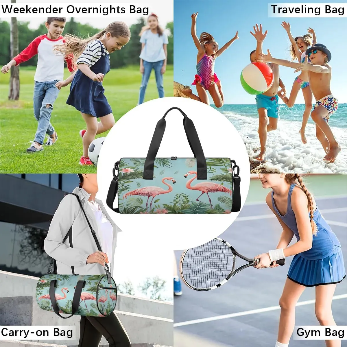 Gym Bags for Men Women Flamingo Tropical Palm Leaf Sports Duffel Bags Carry On Travel Duffle Bag with Detachable Adjustable Shoulder Strap Overnight Weekender Bag