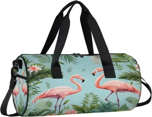 Gym Bags for Men Women Flamingo Tropical Palm Leaf Sports Duffel Bags Carry On Travel Duffle Bag with Detachable Adjustable Shoulder Strap Overnight Weekender Bag