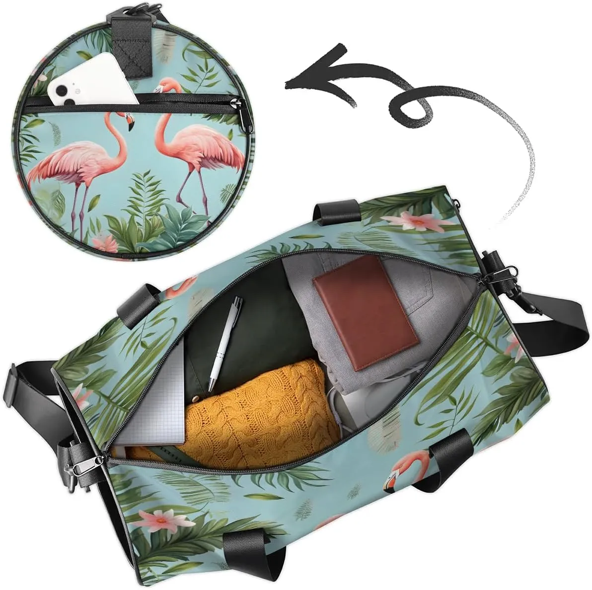 Gym Bags for Men Women Flamingo Tropical Palm Leaf Sports Duffel Bags Carry On Travel Duffle Bag with Detachable Adjustable Shoulder Strap Overnight Weekender Bag