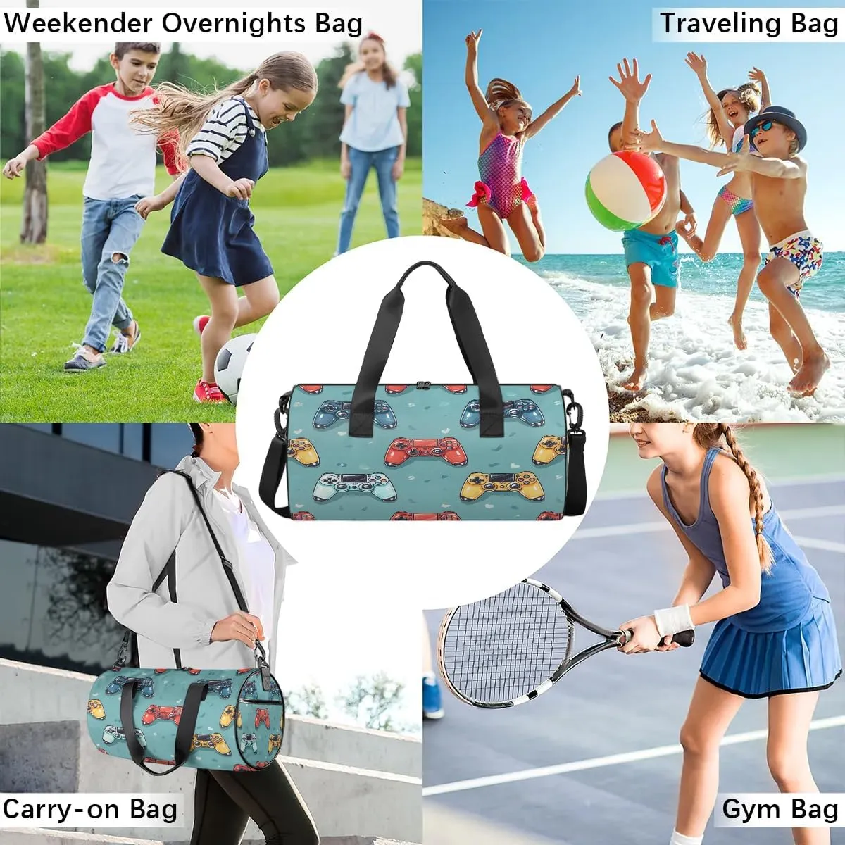 Gym Bags for Men Women Game Controllers Print Sports Duffel Bags Carry On Travel Duffle Bag with Detachable Adjustable Shoulder Strap Overnight Weekender Bag