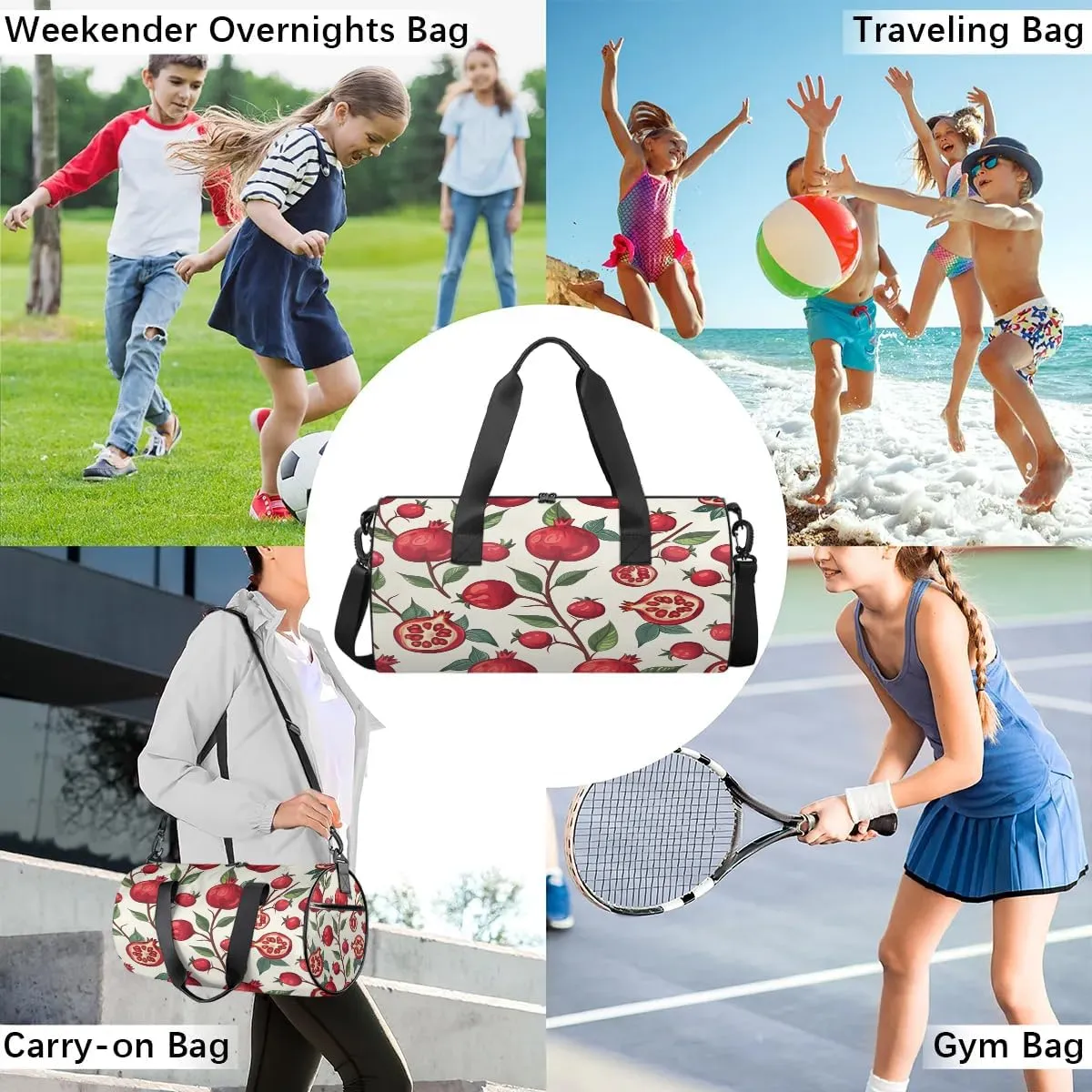 Gym Bags for Men Women Pomegranates Theme Sports Duffel Bags Carry On Travel Duffle Bag with Detachable Adjustable Shoulder Strap Overnight Weekender Bag