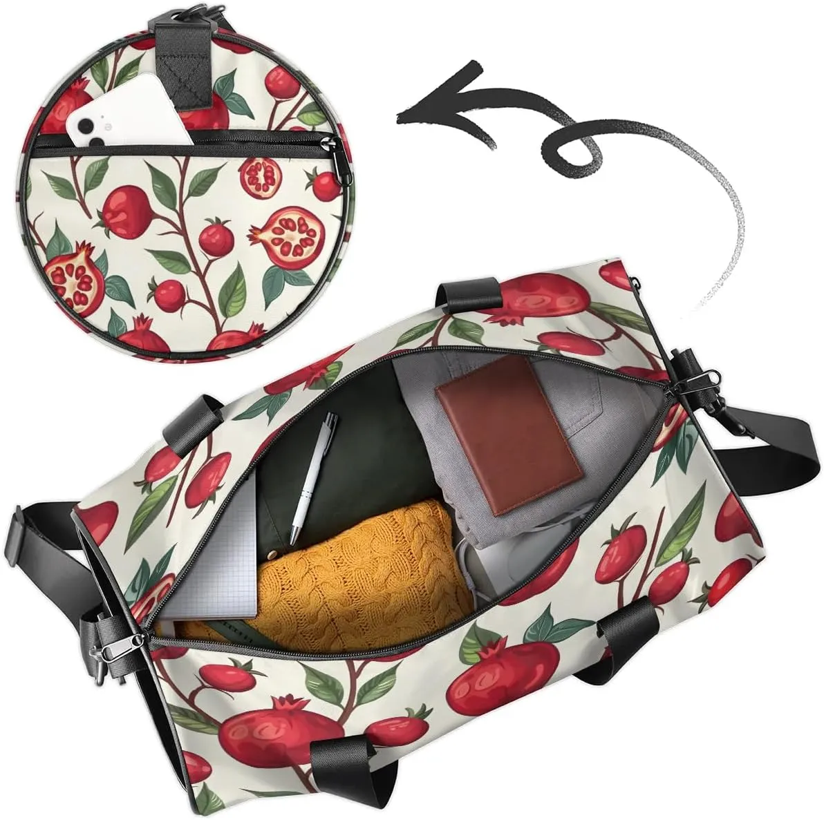 Gym Bags for Men Women Pomegranates Theme Sports Duffel Bags Carry On Travel Duffle Bag with Detachable Adjustable Shoulder Strap Overnight Weekender Bag