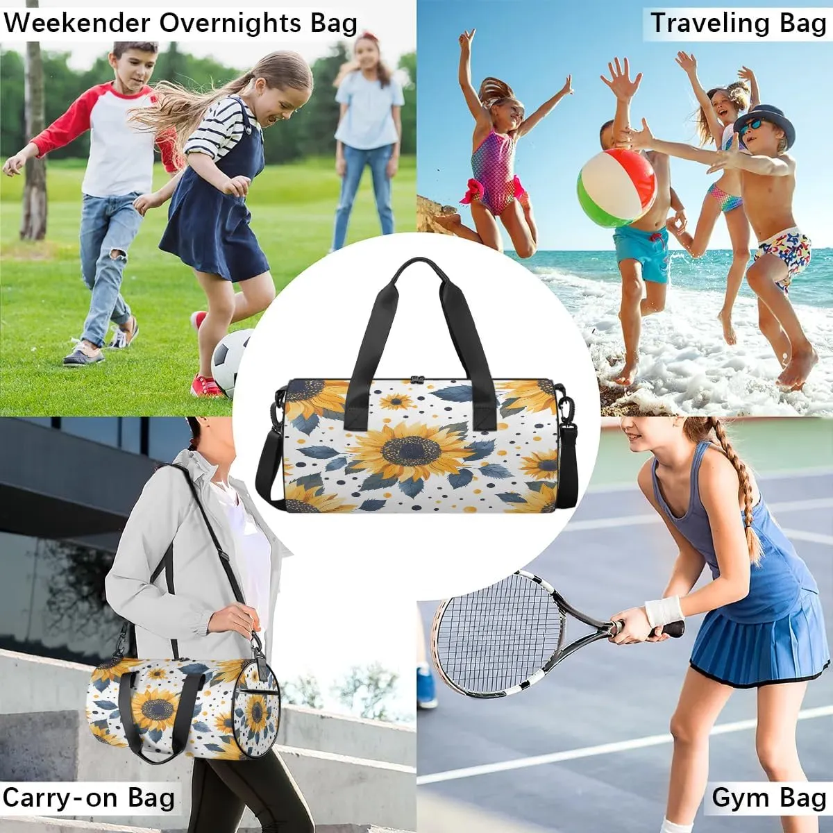 Gym Bags for Men Women Sunflowers Dots Sports Duffel Bags Carry On Travel Duffle Bag with Detachable Adjustable Shoulder Strap Overnight Weekender Bag
