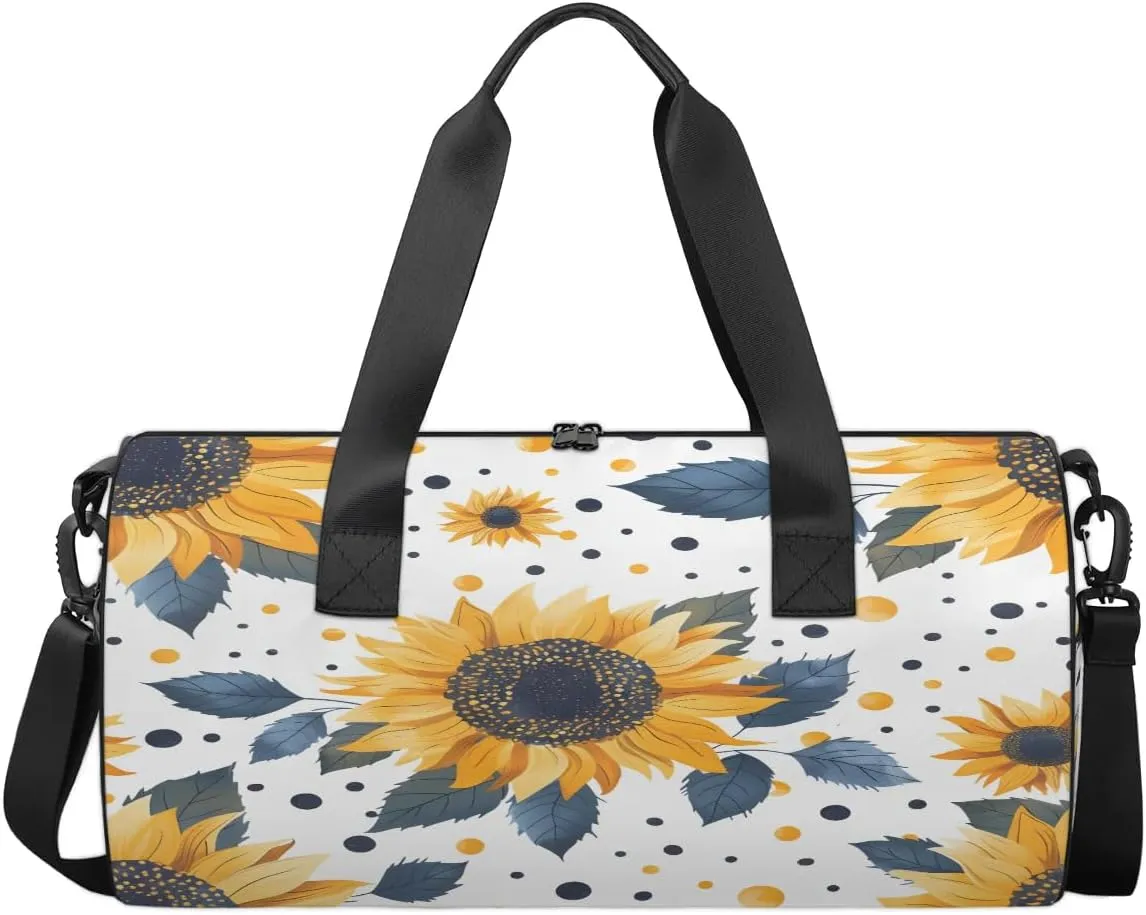 Gym Bags for Men Women Sunflowers Dots Sports Duffel Bags Carry On Travel Duffle Bag with Detachable Adjustable Shoulder Strap Overnight Weekender Bag