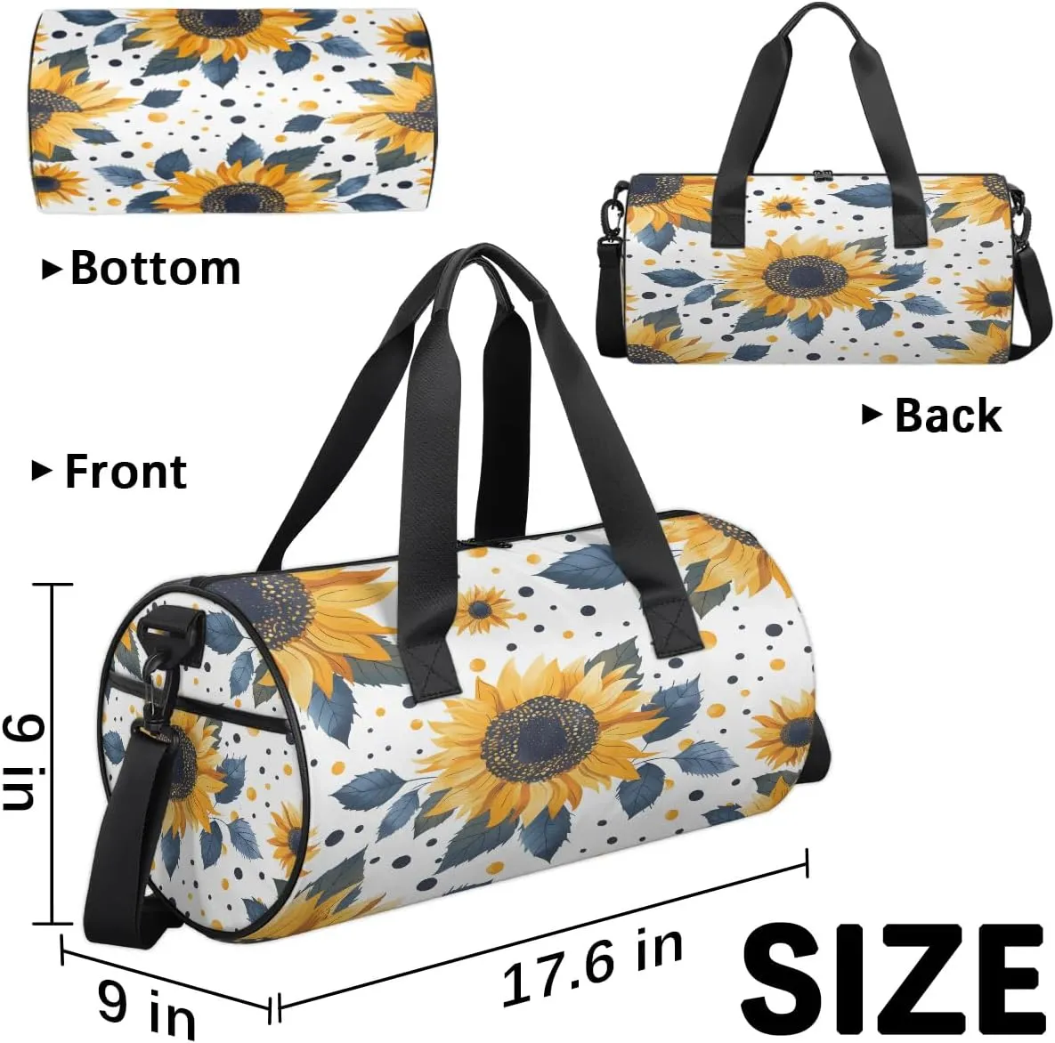 Gym Bags for Men Women Sunflowers Dots Sports Duffel Bags Carry On Travel Duffle Bag with Detachable Adjustable Shoulder Strap Overnight Weekender Bag