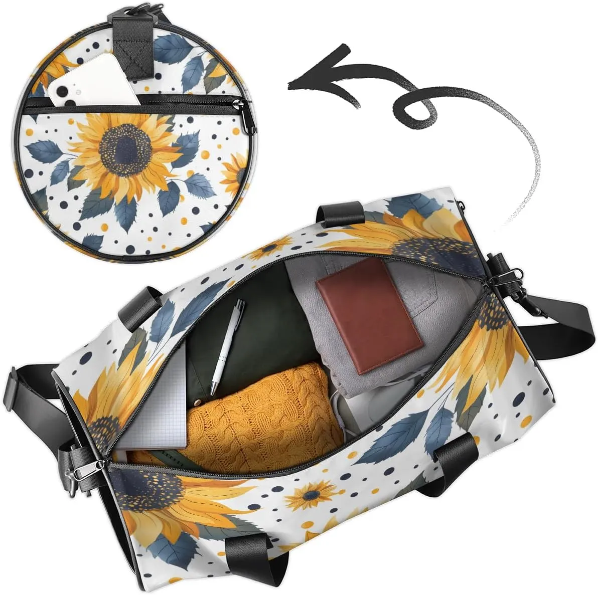 Gym Bags for Men Women Sunflowers Dots Sports Duffel Bags Carry On Travel Duffle Bag with Detachable Adjustable Shoulder Strap Overnight Weekender Bag