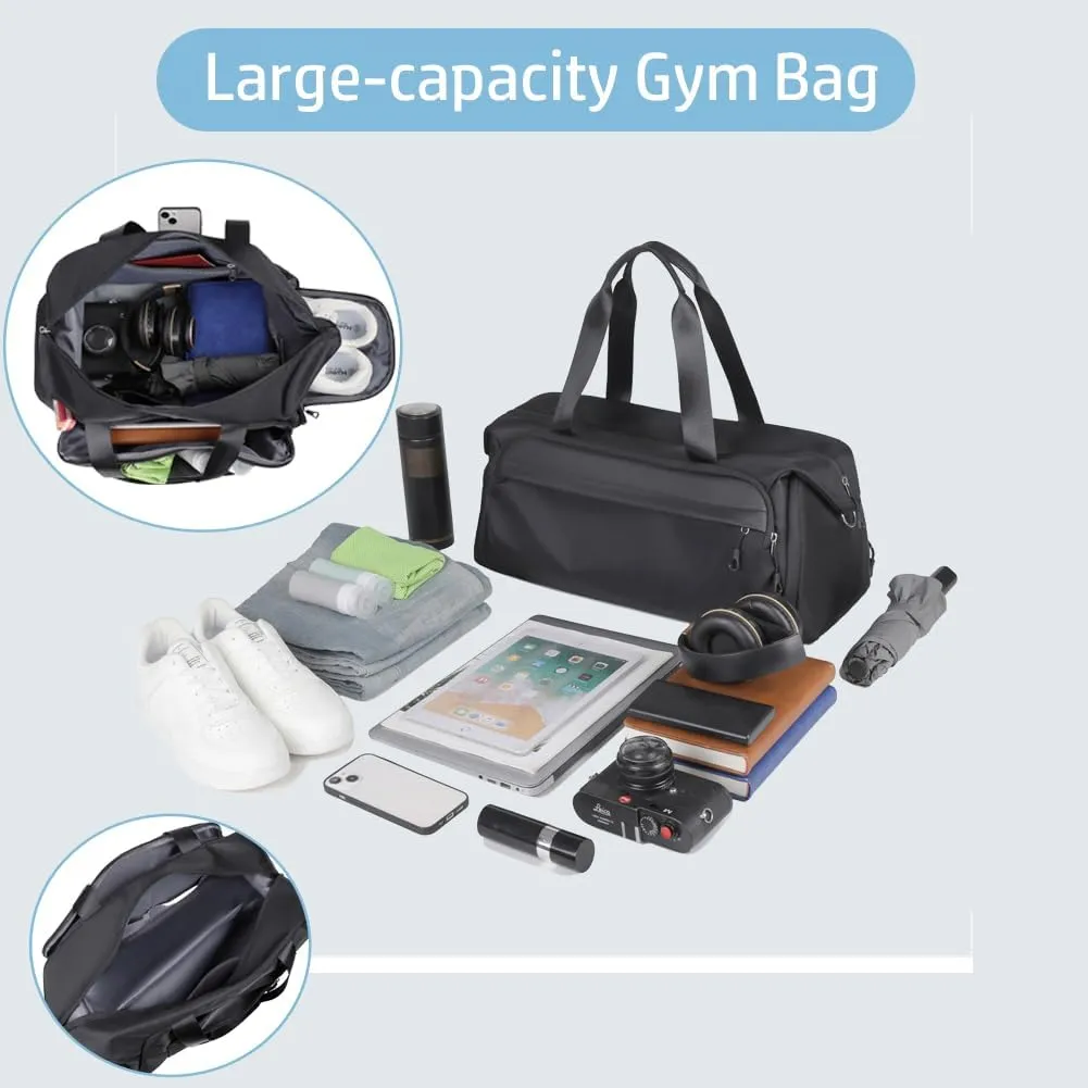 Gym Bags for Women Men Waterproof Gym Sports Workout Duffle Bag with Shoe Compartment Wet Pockets Lightweight Weekender Overnight Carry on Duffle Bags for Travel （Black）