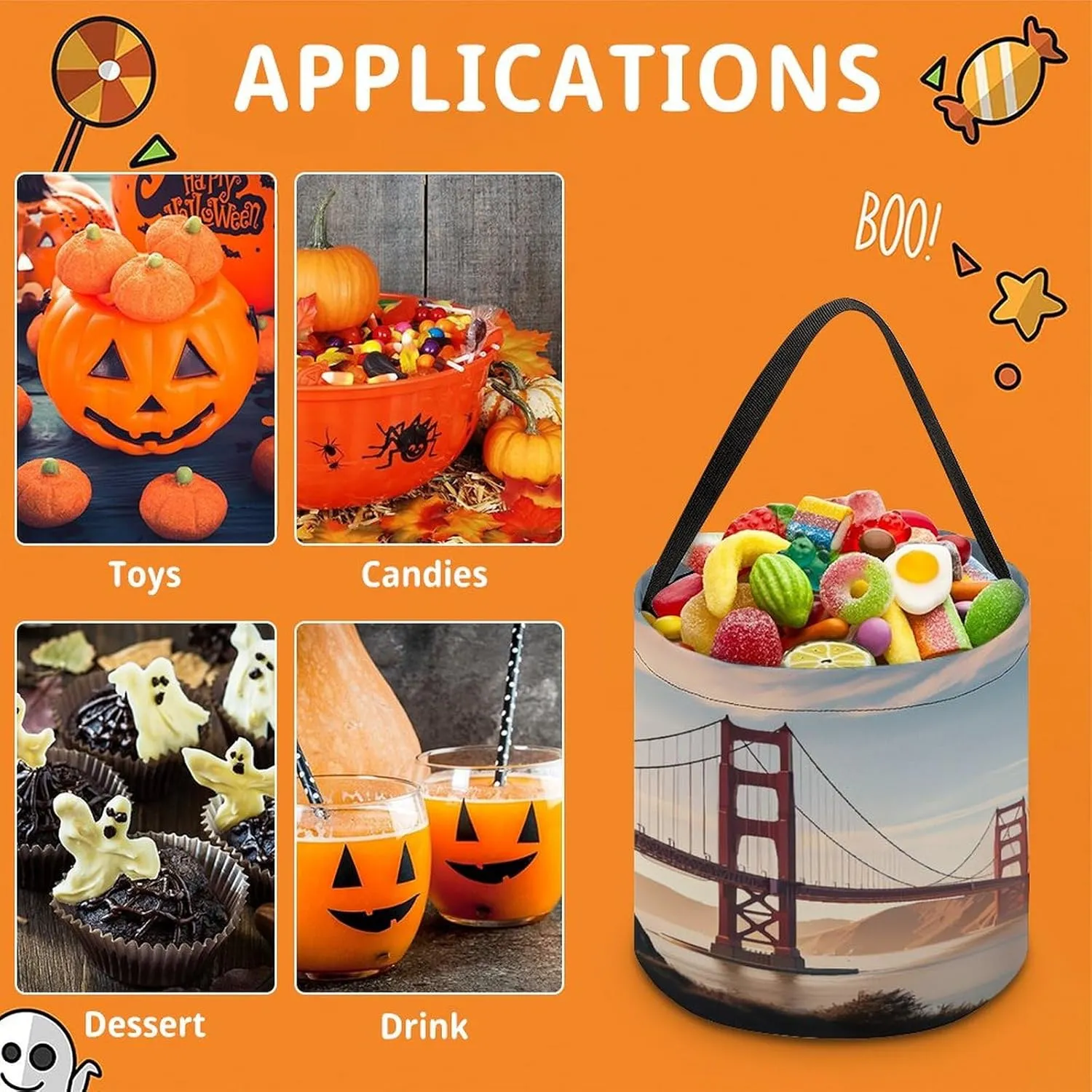 Halloween Candy Bucket,Halloween Trick Or Treat Bags,Seaside Cruise Ship Printed Collapsible Reusable Candy Basket
