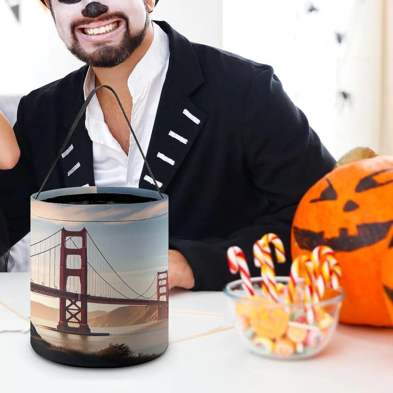 Halloween Candy Bucket,Halloween Trick Or Treat Bags,Seaside Cruise Ship Printed Collapsible Reusable Candy Basket