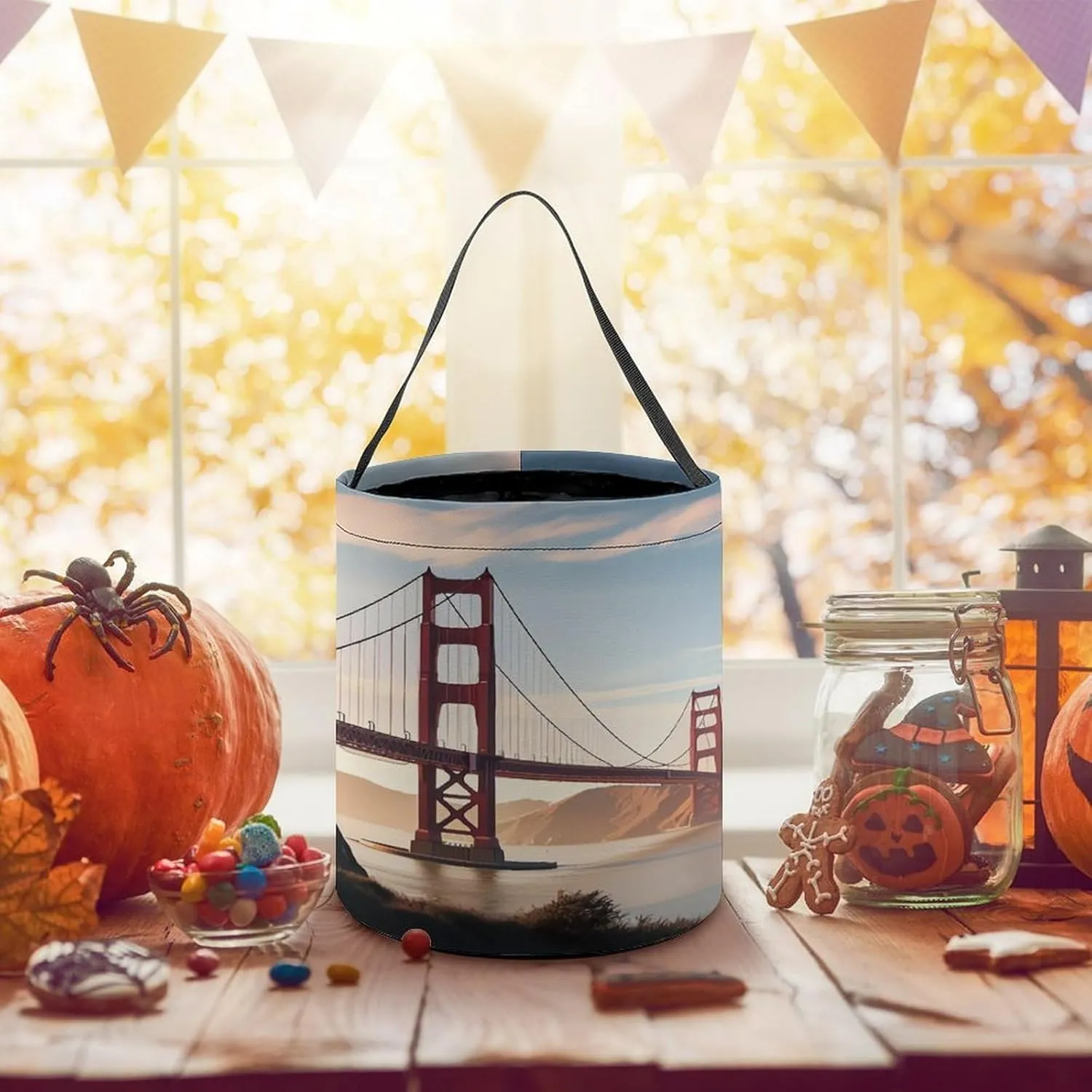 Halloween Candy Bucket,Halloween Trick Or Treat Bags,Seaside Cruise Ship Printed Collapsible Reusable Candy Basket