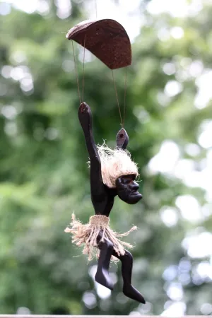 Handmade Wooden Primitive Skydiving Tribal Funny Statue Sculpture Tiki Bar Handcrafted Unique Gift Home Decor Wood Figurine Decoration Parachute Hand Carved (Parachuting)