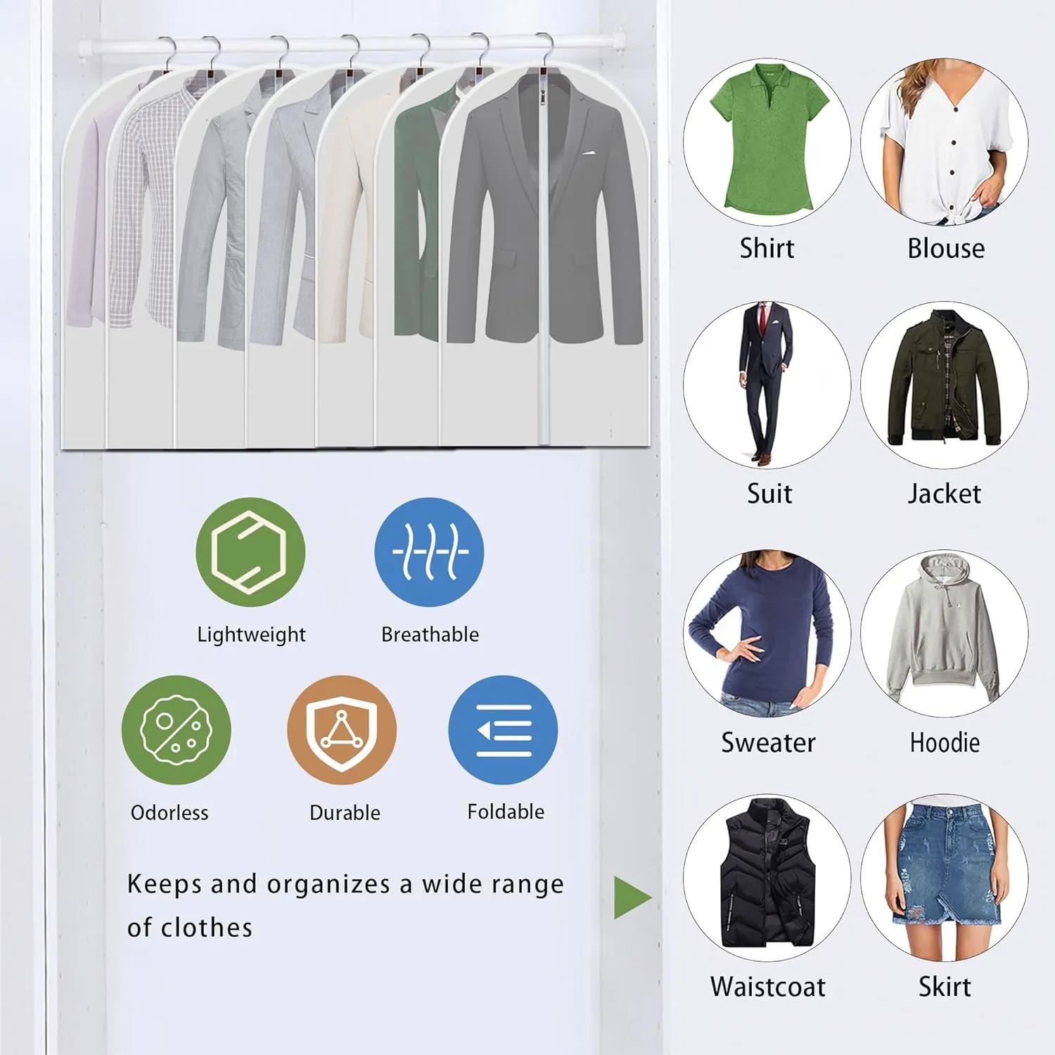 Hanging Garment Bags 12 Piece Set - 40 Inch Translucent Dust Proof Clothes Bag White Breathable Full Zipper Dust Cover for SuitTops Shirts Sports Jackets.