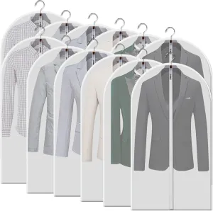 Hanging Garment Bags 12 Piece Set - 40 Inch Translucent Dust Proof Clothes Bag White Breathable Full Zipper Dust Cover for SuitTops Shirts Sports Jackets.