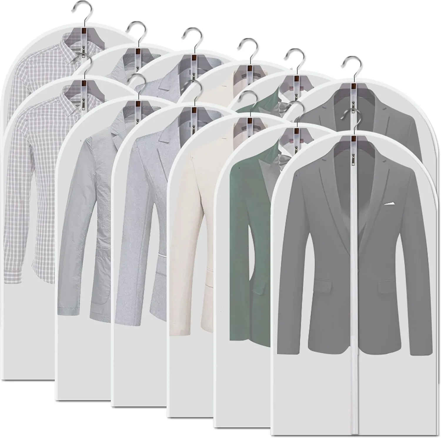 Hanging Garment Bags 12 Piece Set - 40 Inch Translucent Dust Proof Clothes Bag White Breathable Full Zipper Dust Cover for SuitTops Shirts Sports Jackets.