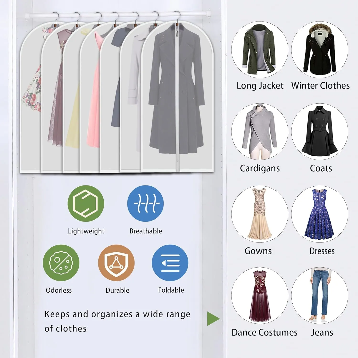 Hanging Garment Bags 12 Piece Set - 60 Inch Translucent Dust Proof Clothes Bag White Breathable Full Zipper Dust Cover for Suit Dance Costumes Gown Dress.