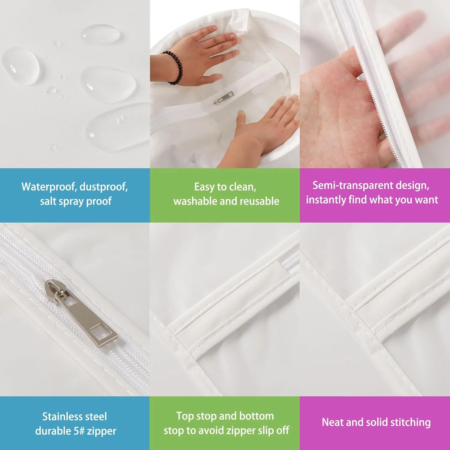 Hanging Garment Bags 12 Piece Set - 60 Inch Translucent Dust Proof Clothes Bag White Breathable Full Zipper Dust Cover for Suit Dance Costumes Gown Dress.