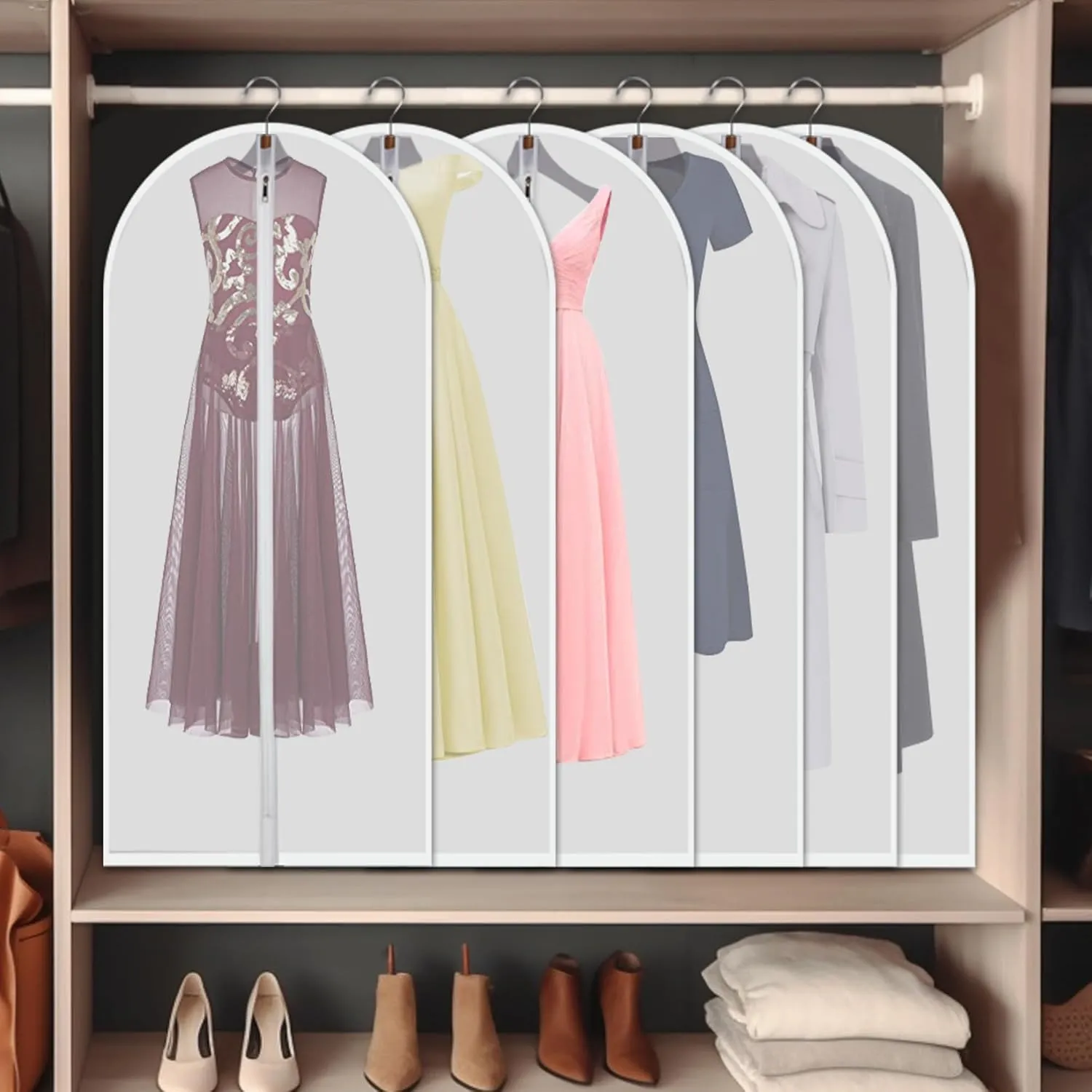 Hanging Garment Bags 12 Piece Set - 60 Inch Translucent Dust Proof Clothes Bag White Breathable Full Zipper Dust Cover for Suit Dance Costumes Gown Dress.