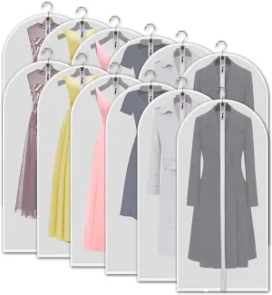 Hanging Garment Bags 12 Piece Set - 60 Inch Translucent Dust Proof Clothes Bag White Breathable Full Zipper Dust Cover for Suit Dance Costumes Gown Dress.