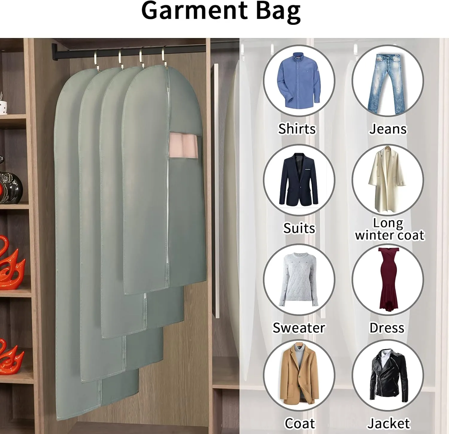 Hanging Garment Bags Suit Bags(Set of 10) Dust Cover Breathable Dress Bag for Closet Clothes Storage or Travel- Gray 24'' x 40''