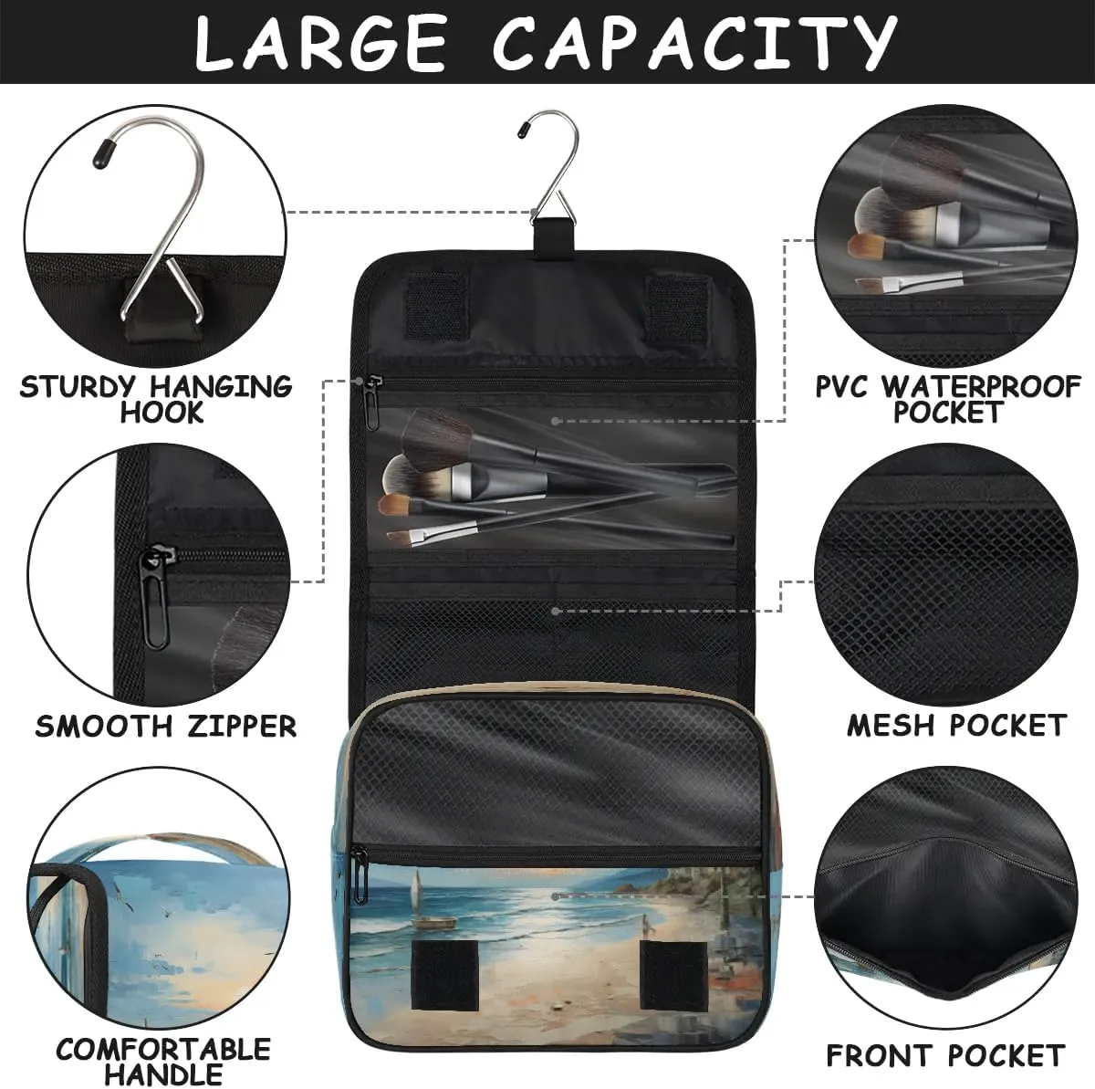 Hanging Travel Toiletry Bag Oil Painting Beach Toiletry Bags with Hanging Hook Portable Cosmetic Bag Makeup Organizer for Travel Business Trip