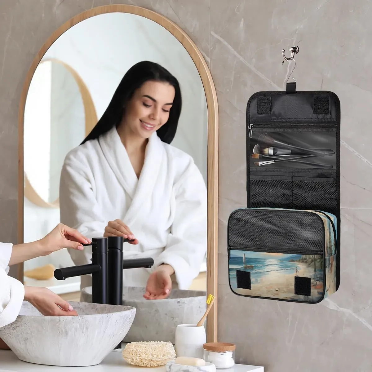 Hanging Travel Toiletry Bag Oil Painting Beach Toiletry Bags with Hanging Hook Portable Cosmetic Bag Makeup Organizer for Travel Business Trip
