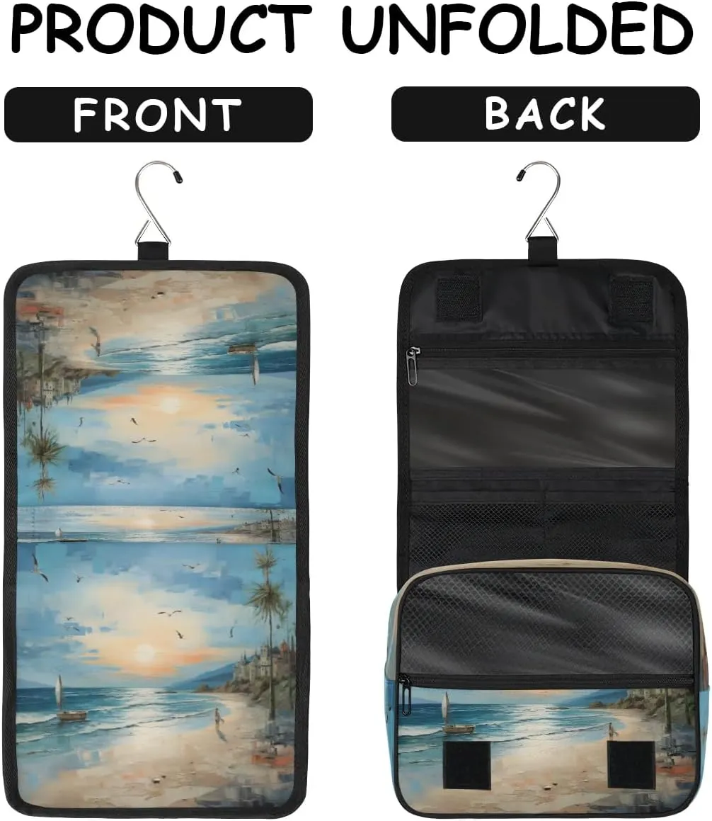 Hanging Travel Toiletry Bag Oil Painting Beach Toiletry Bags with Hanging Hook Portable Cosmetic Bag Makeup Organizer for Travel Business Trip