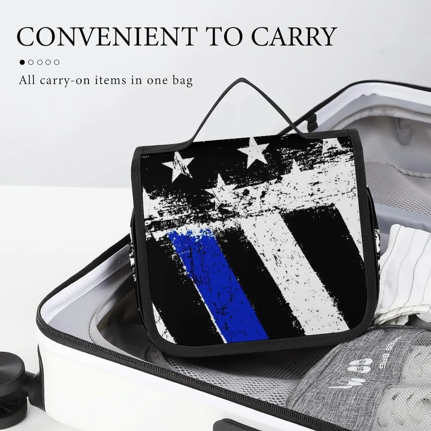 Hanging Travel Toiletry Bag with Hanging Hook - Stylish Organizer Hanging Toiletry Bag Compatible with Vintage Retro American Thin Blue Line Flag Police Pattern for Traveling Women