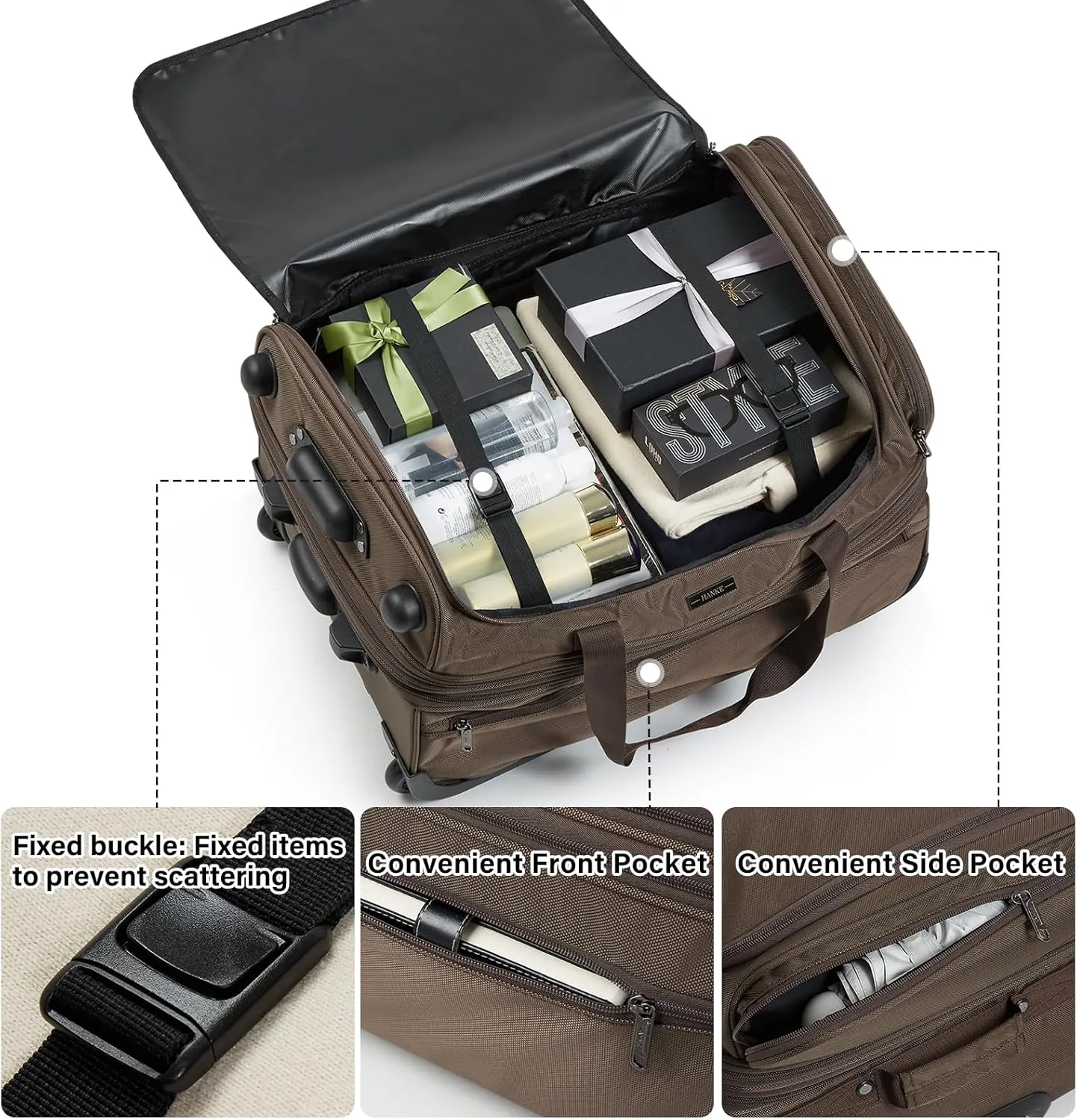Hanke 22 Inch Expandable checked Luggage Suitcases with Wheels Foldable Duffle Bag for Travel suitcase Weekend Bag for Women Men（Coffee）