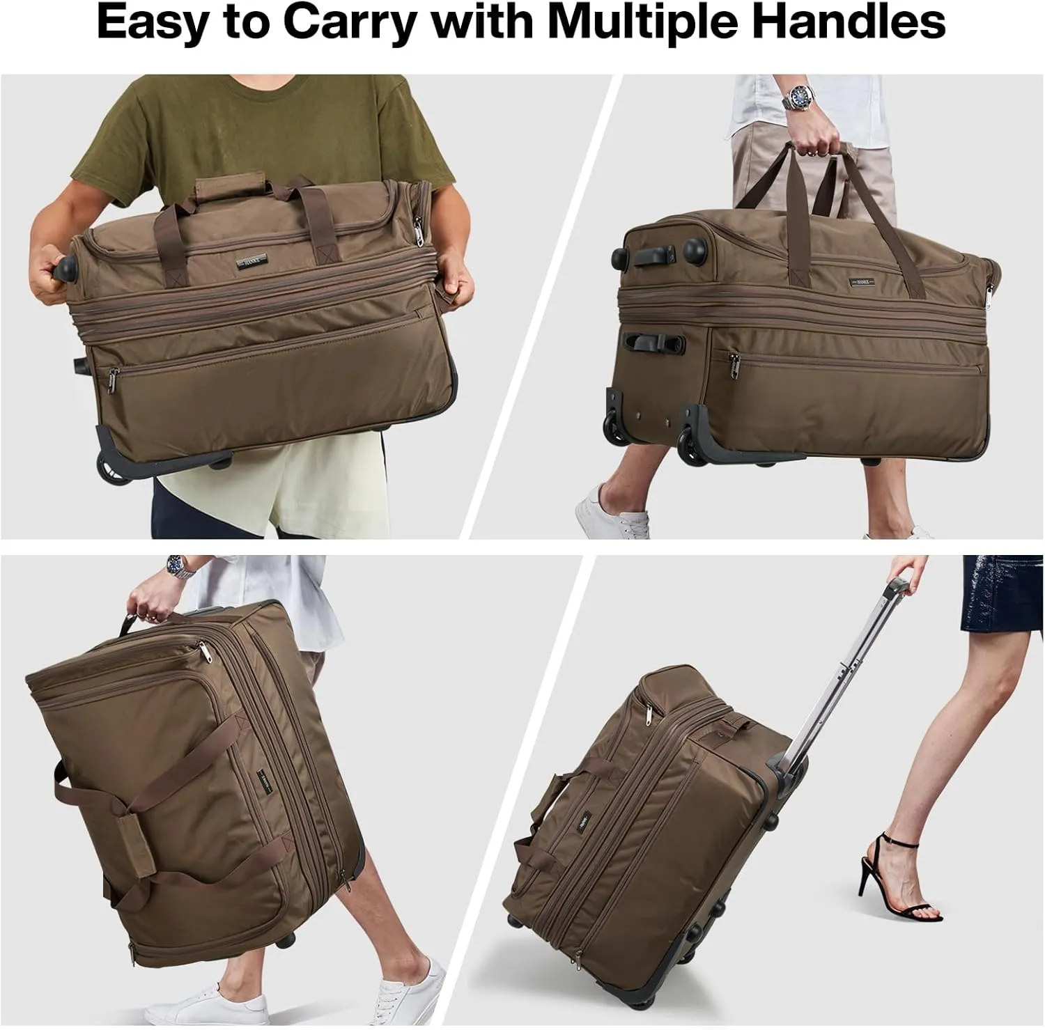 Hanke 22 Inch Expandable checked Luggage Suitcases with Wheels Foldable Duffle Bag for Travel suitcase Weekend Bag for Women Men（Coffee）