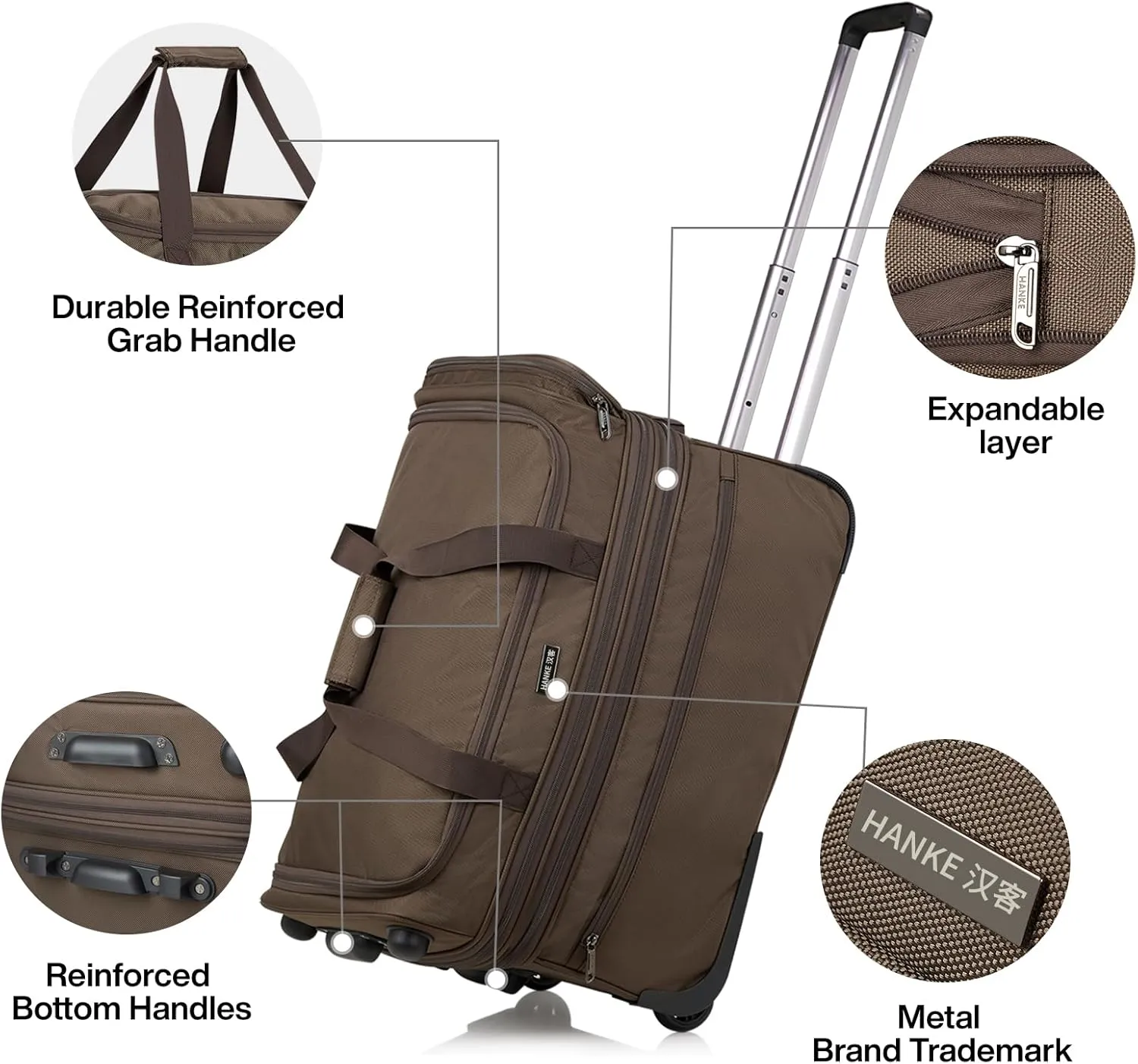 Hanke 22 Inch Expandable checked Luggage Suitcases with Wheels Foldable Duffle Bag for Travel suitcase Weekend Bag for Women Men（Coffee）