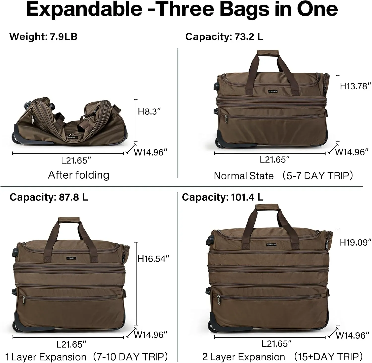 Hanke 22 Inch Expandable checked Luggage Suitcases with Wheels Foldable Duffle Bag for Travel suitcase Weekend Bag for Women Men（Coffee）