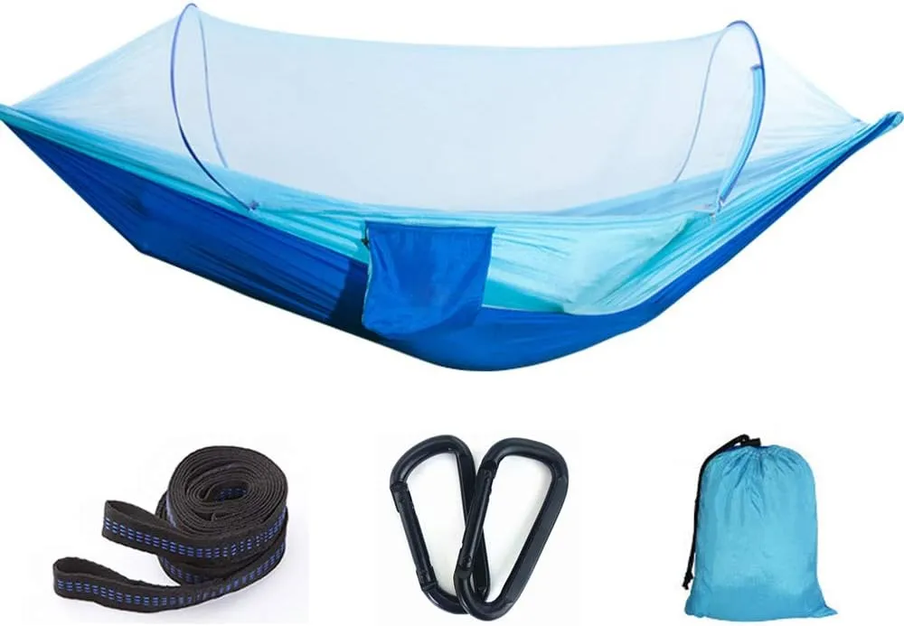 Hann Camping Hammock, Portable Camping Hammock with Mosquito Net Parachute Nylon Fabric Lightweight Hammock for Beach, Traveling, Hiking, Mountain,Adventure,Outdoor Jungle (Blue)
