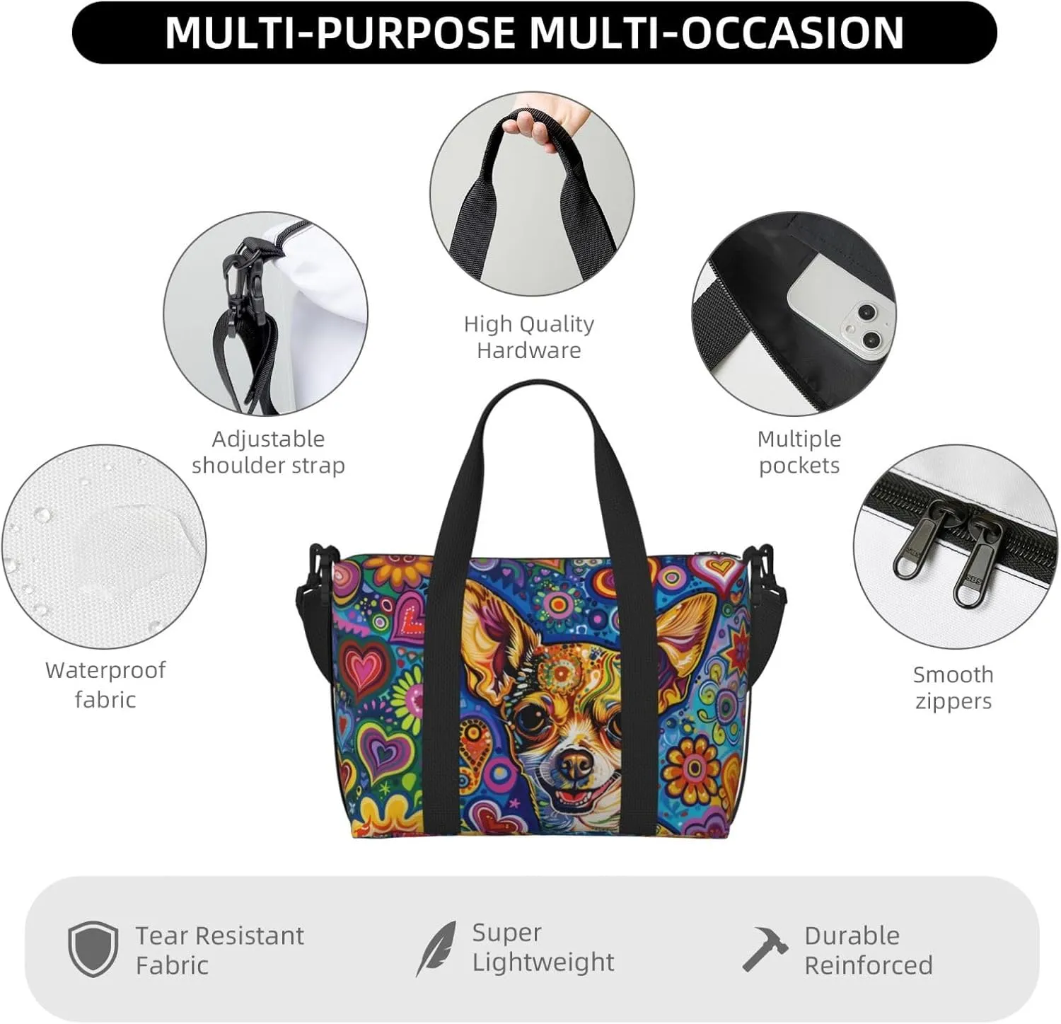 happy Chihuahua print Travel Duffel Bag, Sports Tote Gym Bag, Swim Pool Bag Large Shoulder Tote Bag for Beach Weekender
