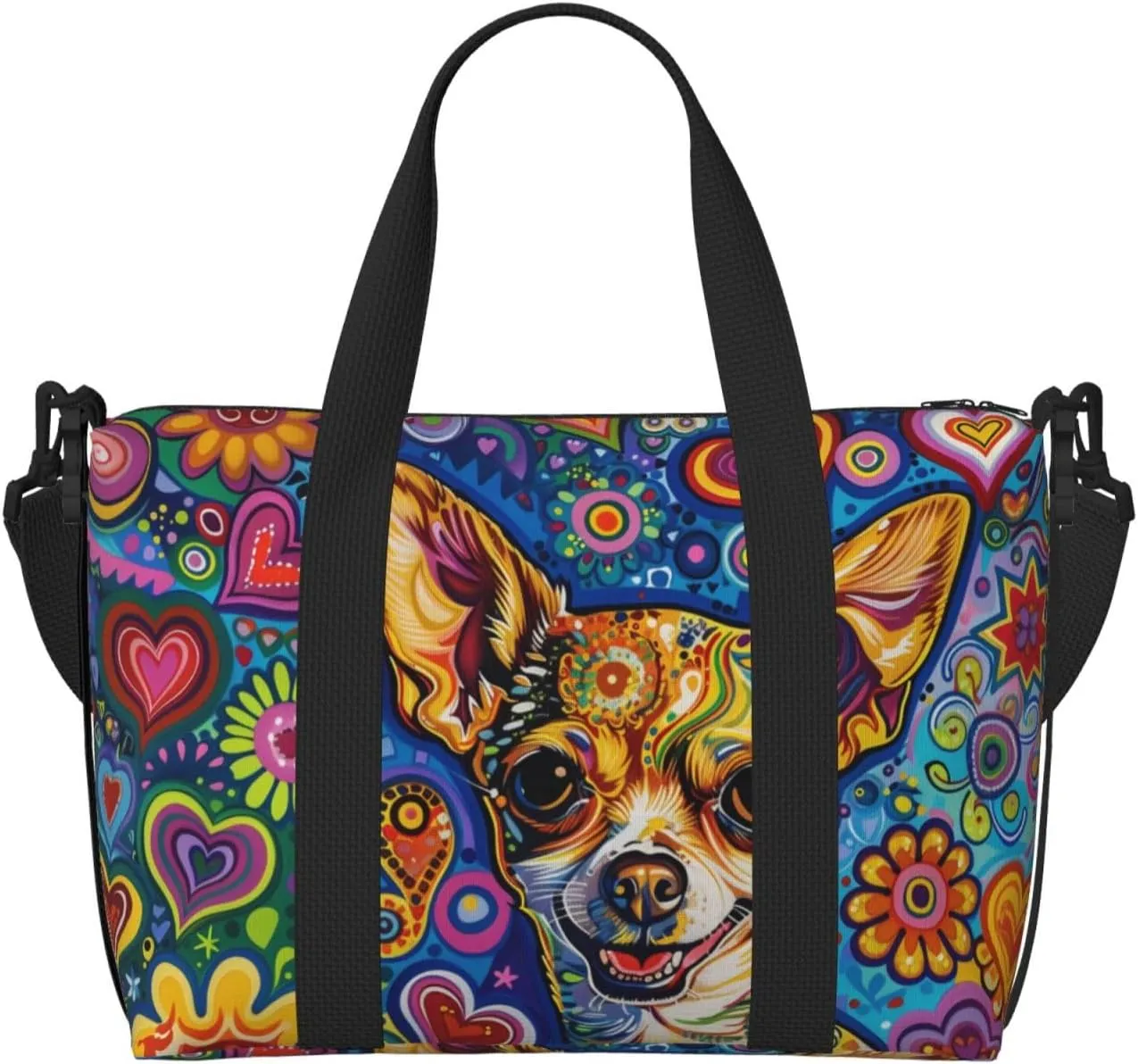 happy Chihuahua print Travel Duffel Bag, Sports Tote Gym Bag, Swim Pool Bag Large Shoulder Tote Bag for Beach Weekender