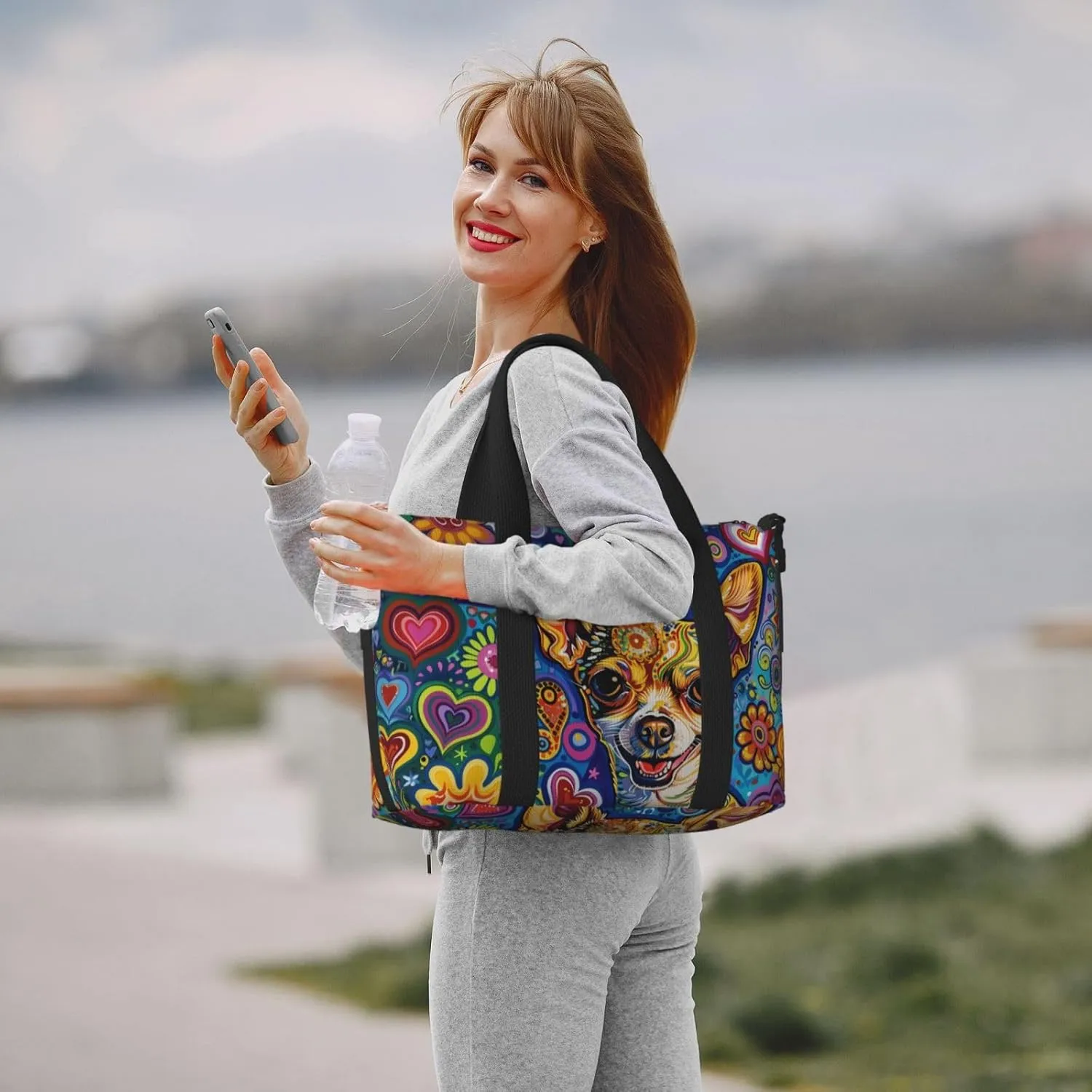 happy Chihuahua print Travel Duffel Bag, Sports Tote Gym Bag, Swim Pool Bag Large Shoulder Tote Bag for Beach Weekender