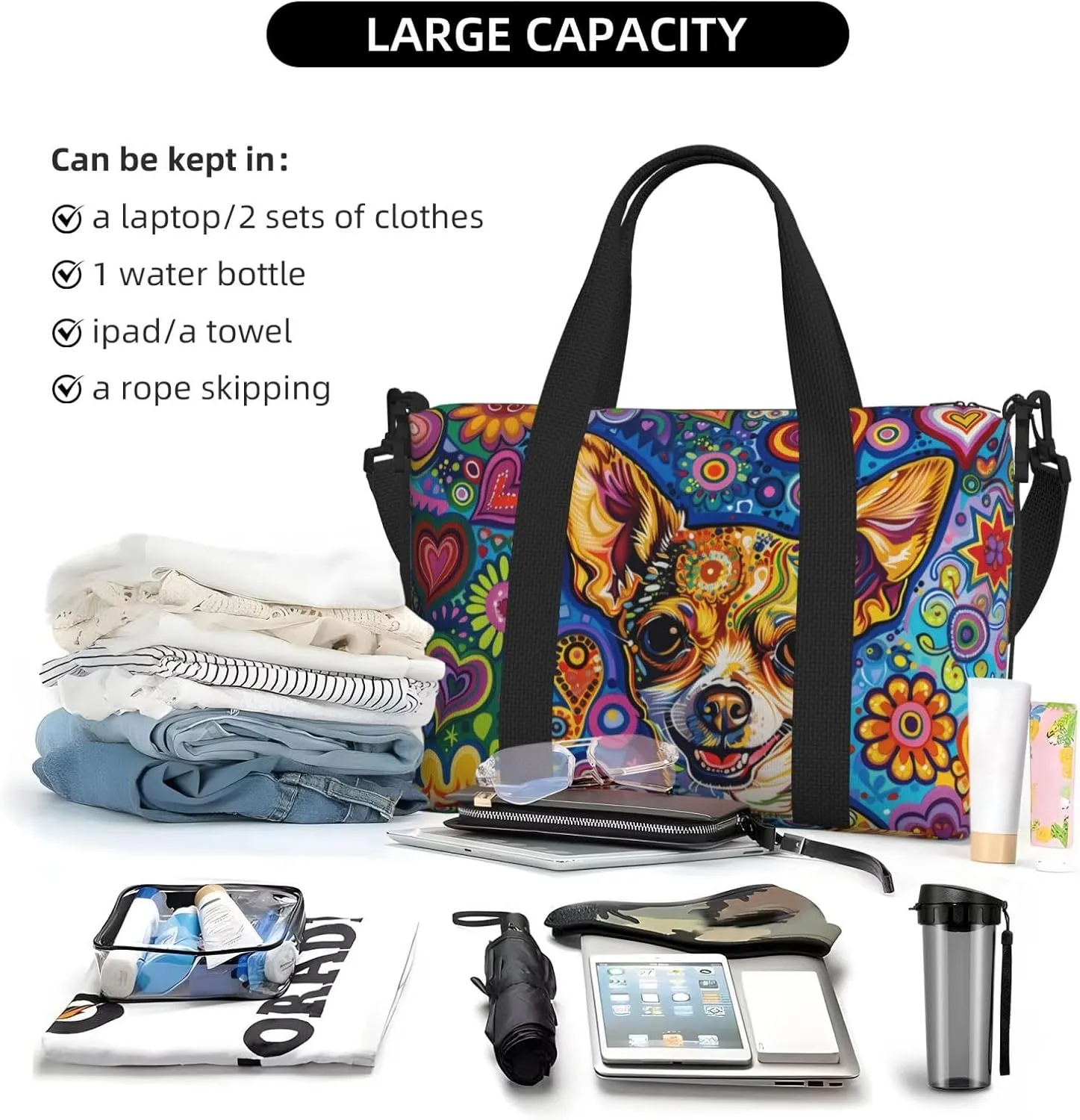 happy Chihuahua print Travel Duffel Bag, Sports Tote Gym Bag, Swim Pool Bag Large Shoulder Tote Bag for Beach Weekender