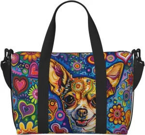 happy Chihuahua print Travel Duffel Bag, Sports Tote Gym Bag, Swim Pool Bag Large Shoulder Tote Bag for Beach Weekender