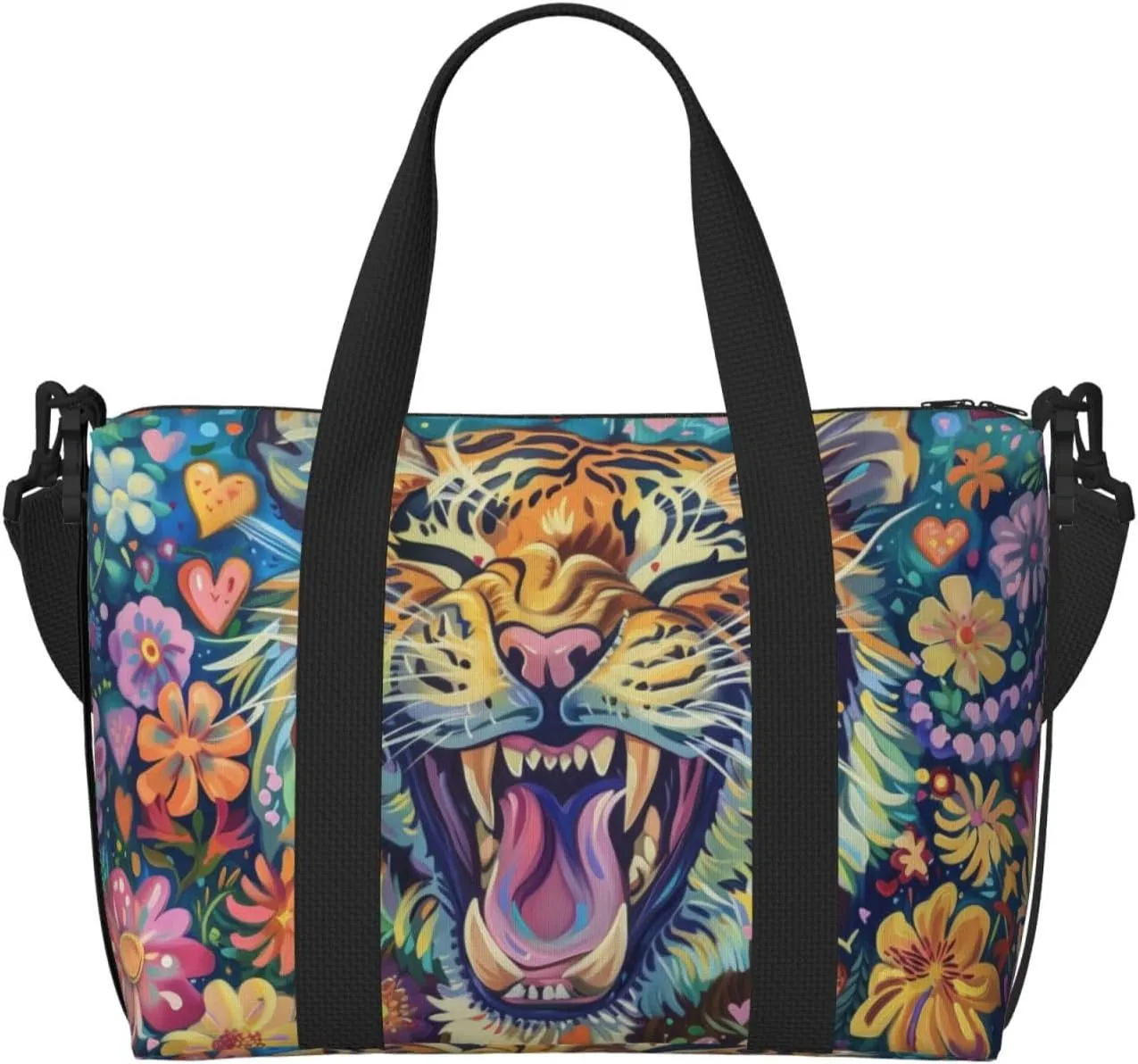 happy Tiger colorful flower print Travel Duffel Bag, Sports Tote Gym Bag, Swim Pool Bag Large Shoulder Tote Bag for Beach Weekender, 202-406-121
