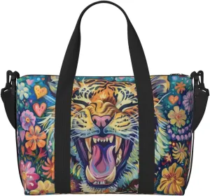 happy Tiger colorful flower print Travel Duffel Bag, Sports Tote Gym Bag, Swim Pool Bag Large Shoulder Tote Bag for Beach Weekender, 202-406-121