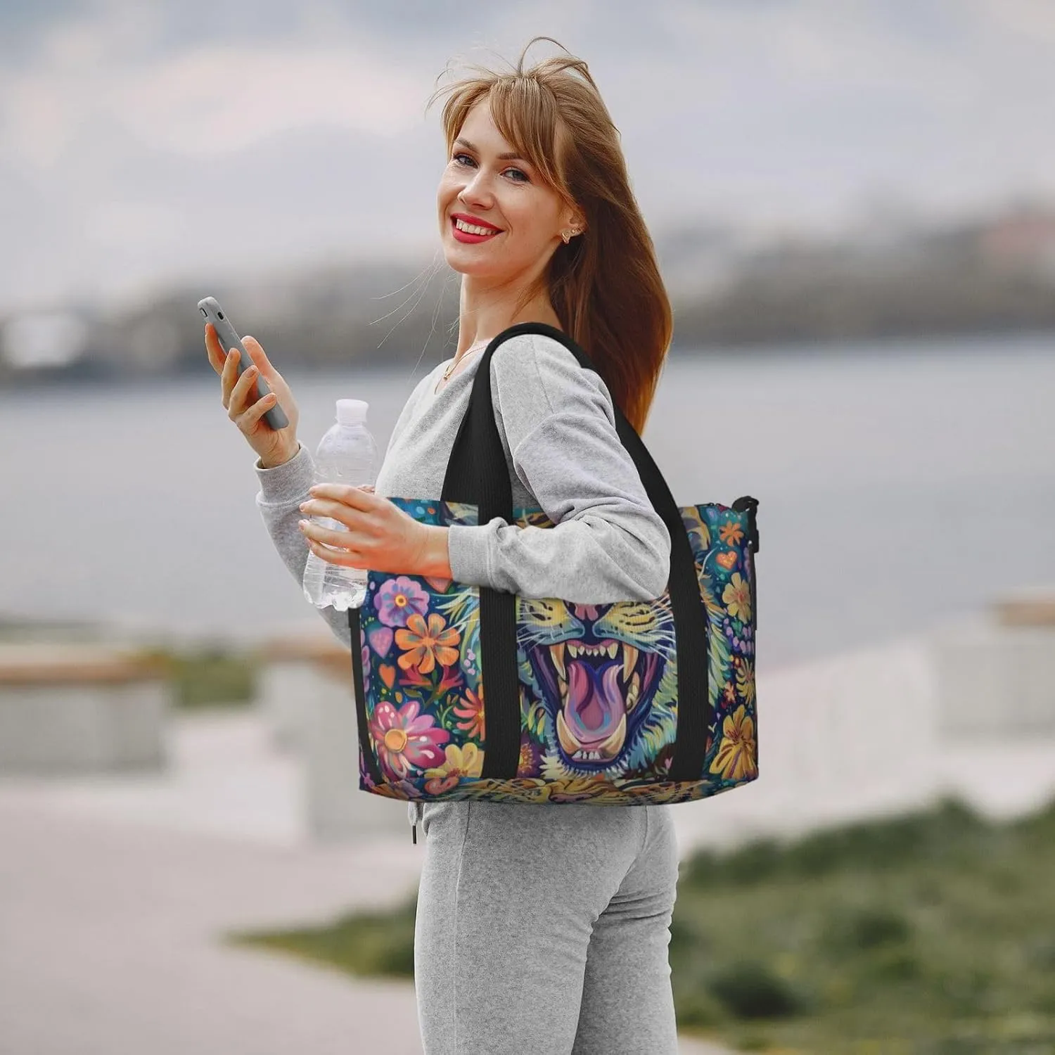 happy Tiger colorful flower print Travel Duffel Bag, Sports Tote Gym Bag, Swim Pool Bag Large Shoulder Tote Bag for Beach Weekender, 202-406-121