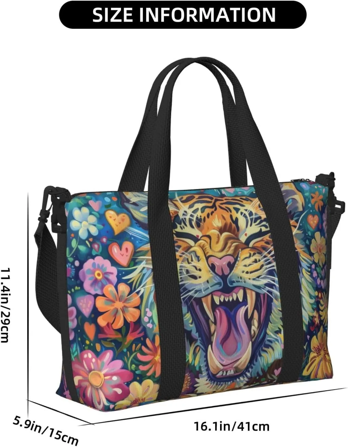 happy Tiger colorful flower print Travel Duffel Bag, Sports Tote Gym Bag, Swim Pool Bag Large Shoulder Tote Bag for Beach Weekender, 202-406-121
