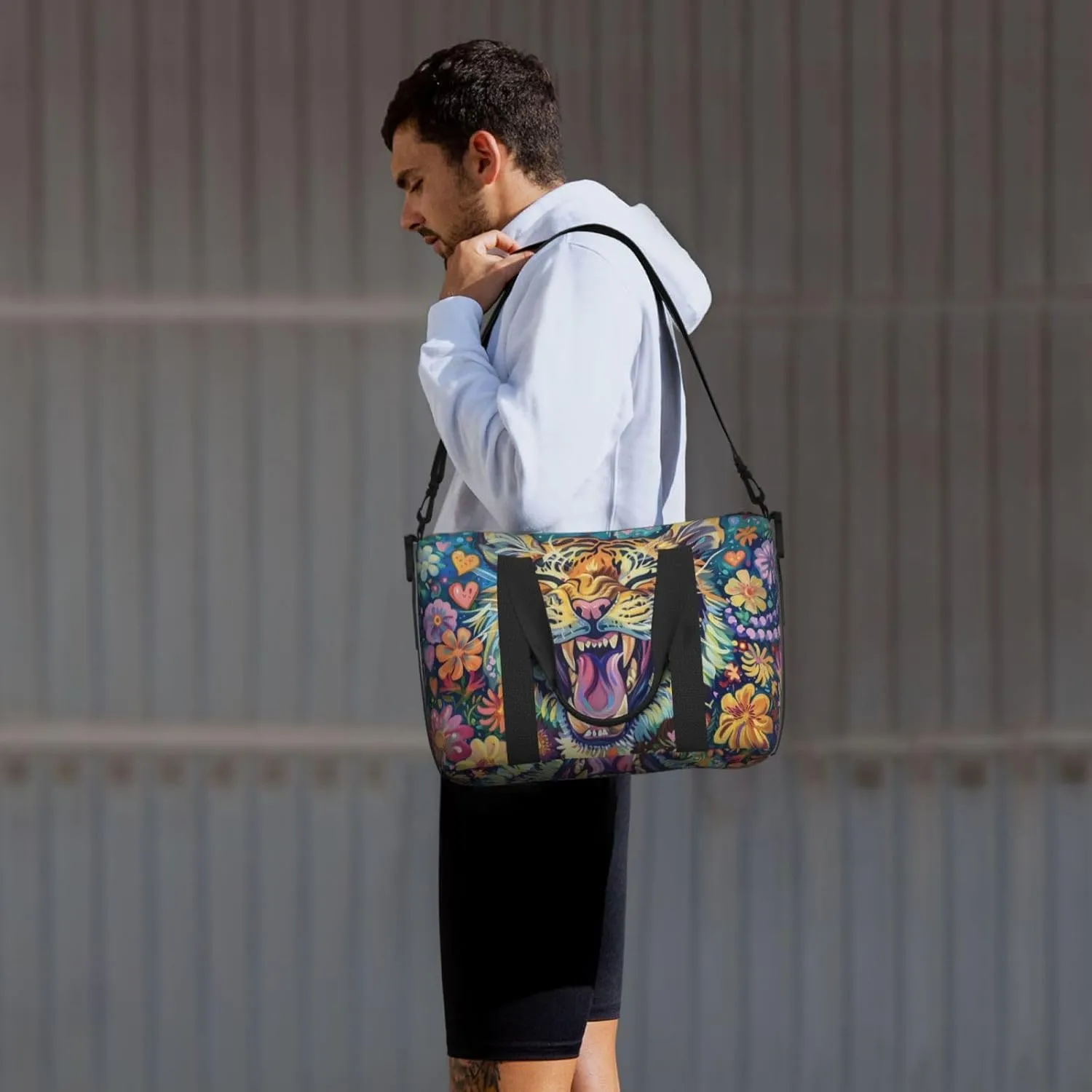 happy Tiger colorful flower print Travel Duffel Bag, Sports Tote Gym Bag, Swim Pool Bag Large Shoulder Tote Bag for Beach Weekender, 202-406-121