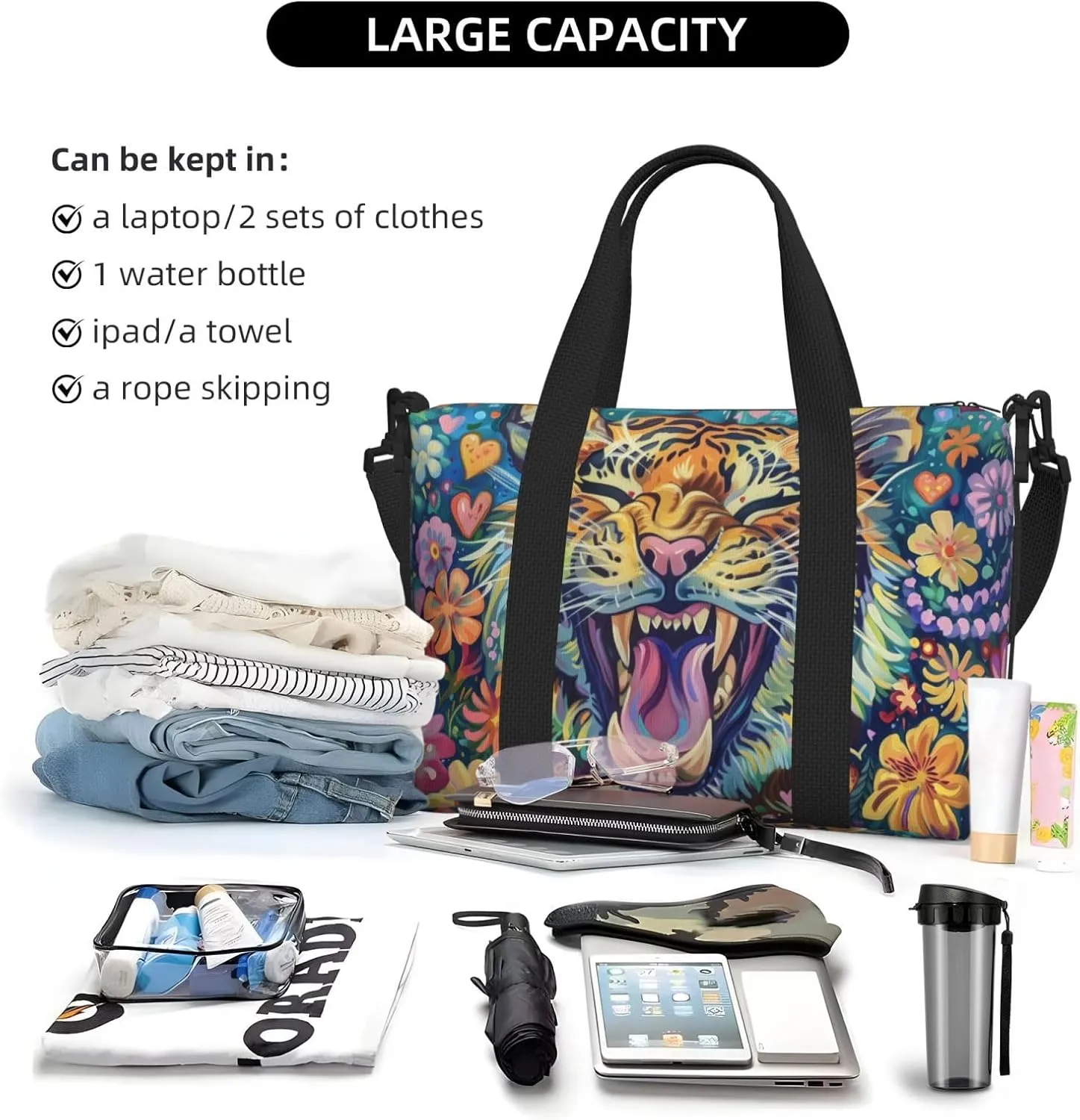 happy Tiger colorful flower print Travel Duffel Bag, Sports Tote Gym Bag, Swim Pool Bag Large Shoulder Tote Bag for Beach Weekender, 202-406-121