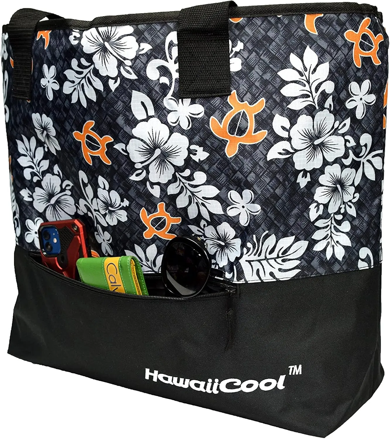 Hawaiian Print Large Insulated Cooler Tote Bag 245 (Honu Family - Grey/Pink)