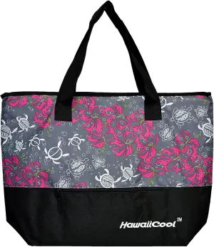 Hawaiian Print Large Insulated Cooler Tote Bag 245 (Honu Family - Grey/Pink)