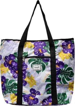 Hawaiian Print Large Zipper Tote Bag 8006 (Double Hibiscus - Purple)