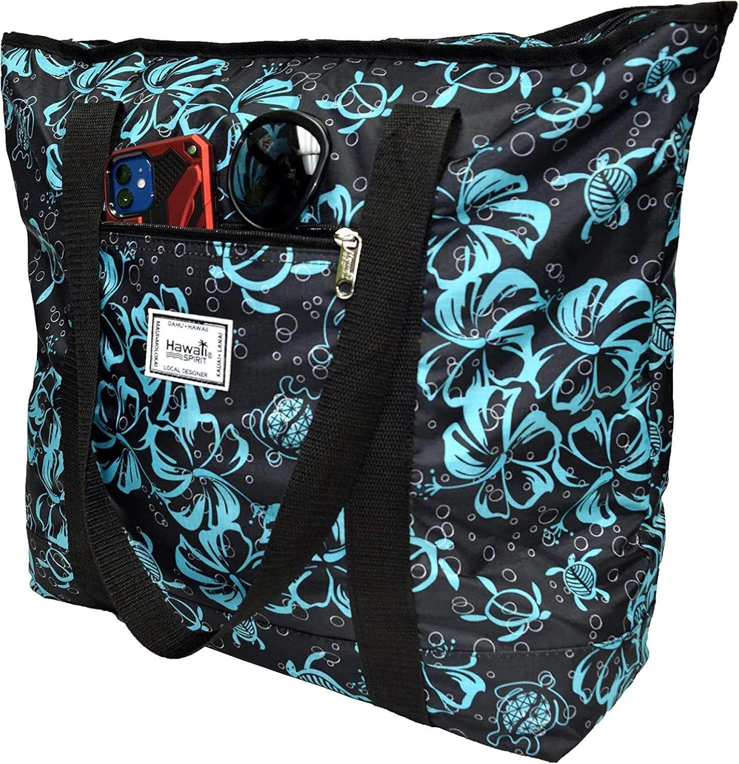 Hawaiian Print Large Zipper Tote Bag 8006 (Double Hibiscus - Purple)