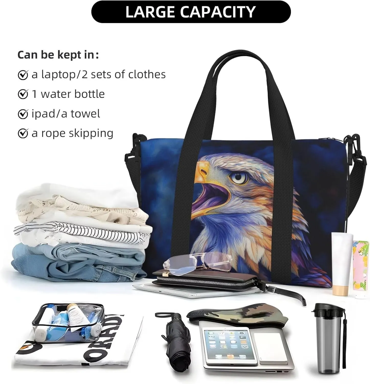 head beak eagle print Travel Duffel Bag, Sports Tote Gym Bag, Swim Pool Bag Large Shoulder Tote Bag for Beach Weekender