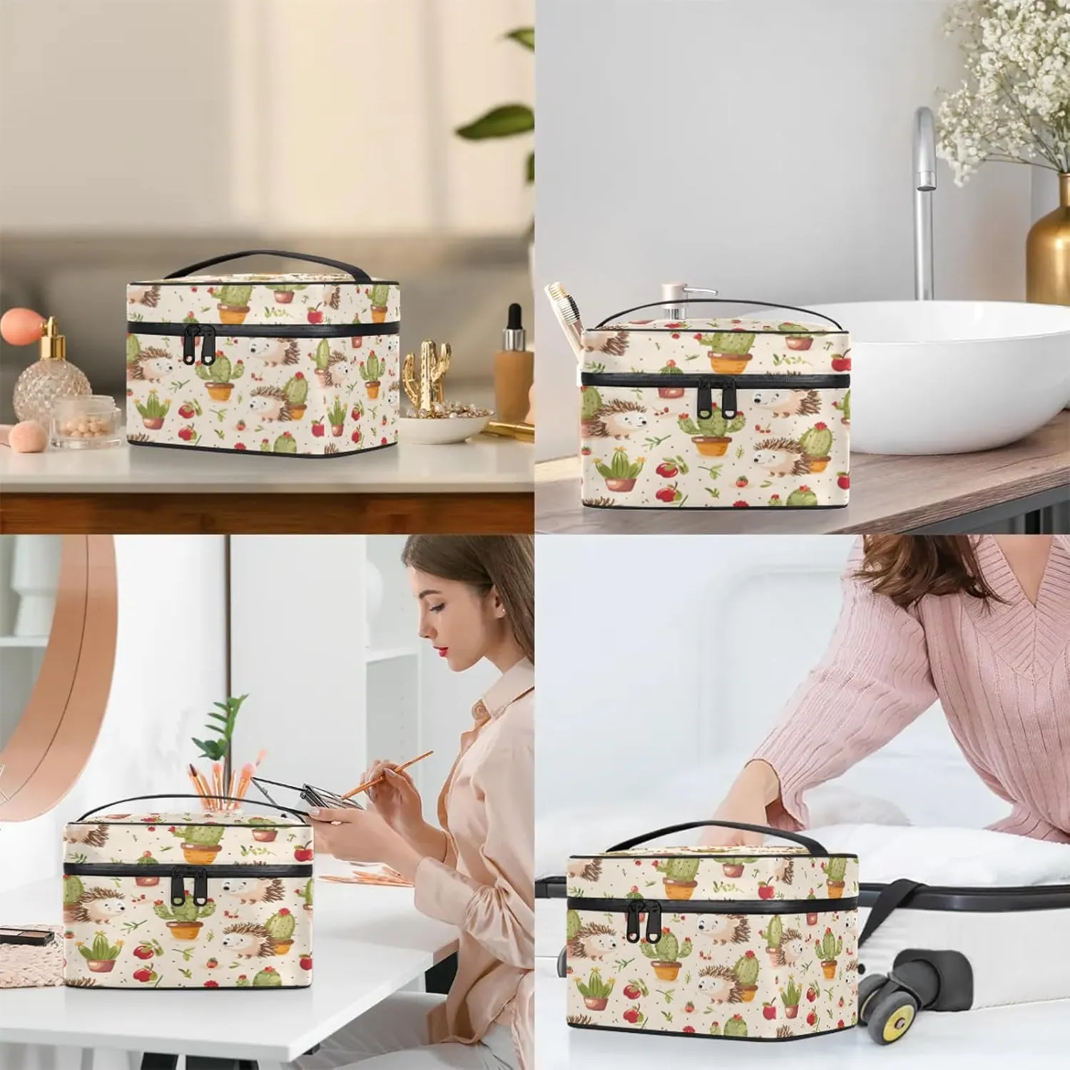 Hedgehog Cactus Travel Toiletry Bag Large Capacity Makeup Case Organizer with Handle Cosmetic Case for Women Girls