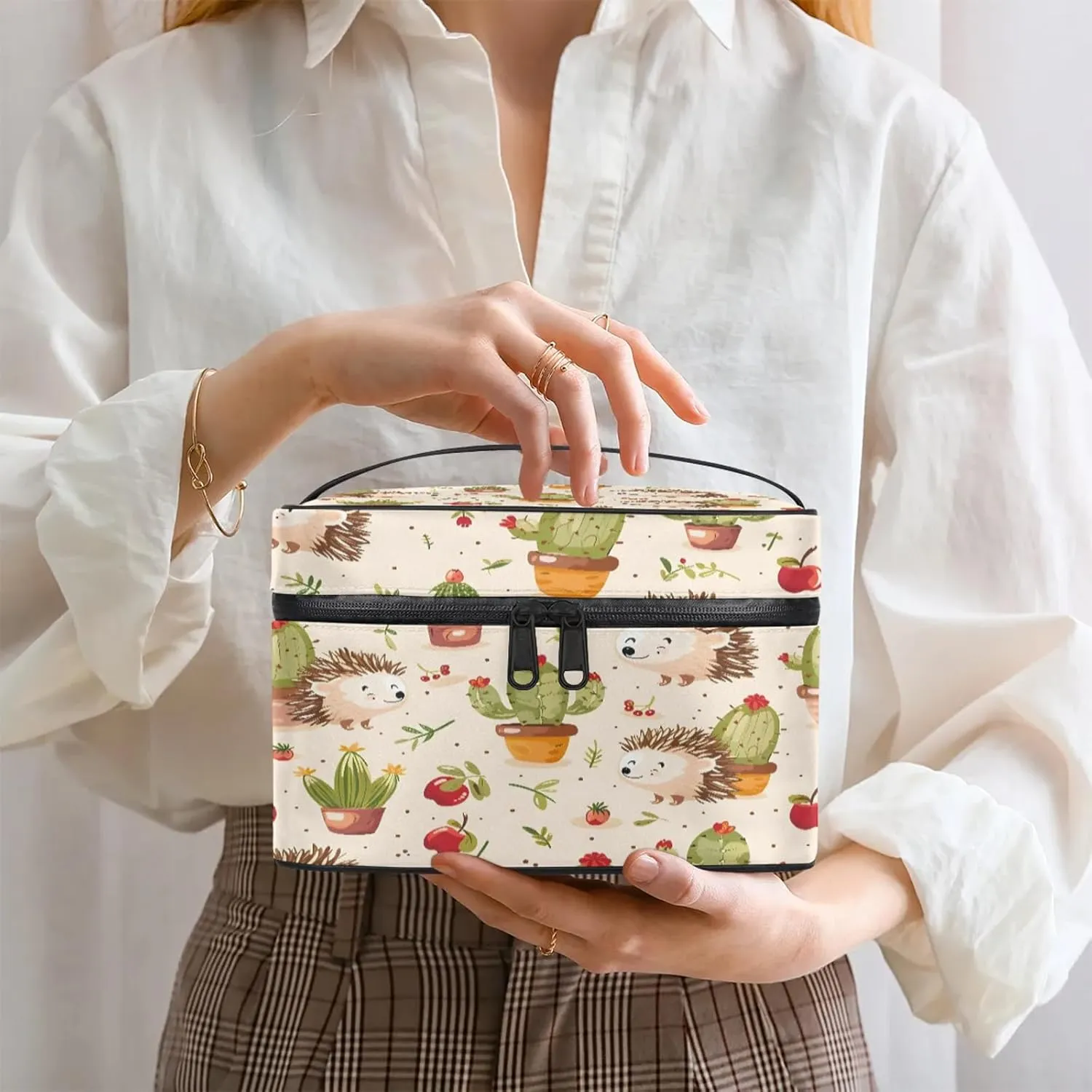 Hedgehog Cactus Travel Toiletry Bag Large Capacity Makeup Case Organizer with Handle Cosmetic Case for Women Girls